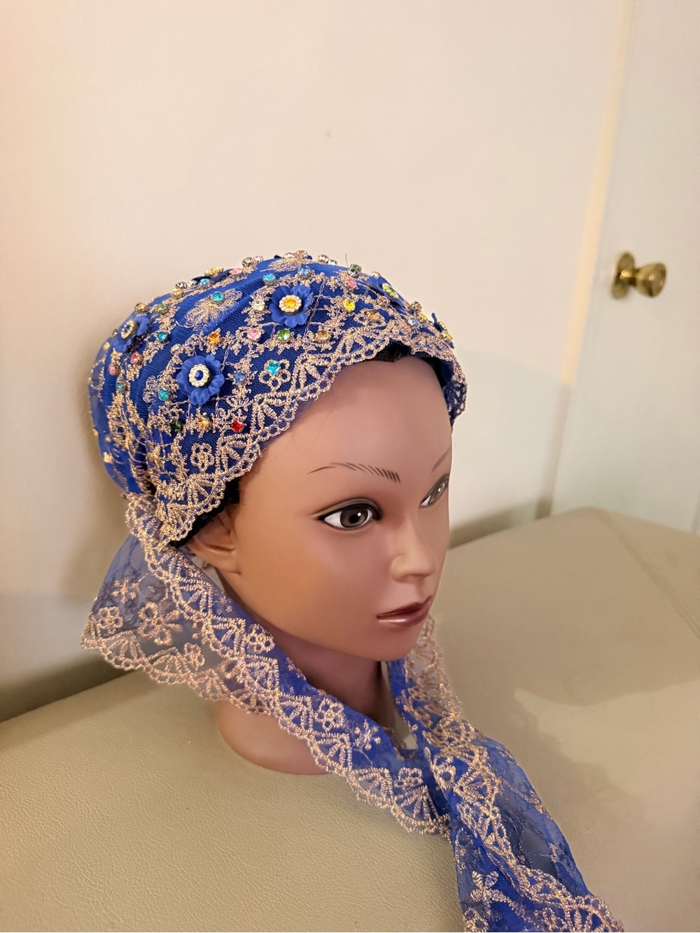 Blue Embellished Lace Scarf Headwrap